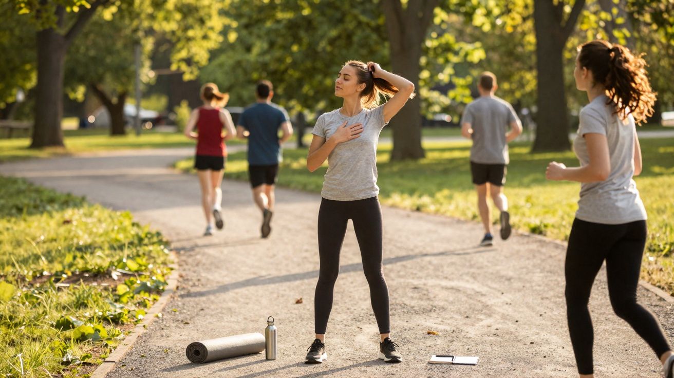 Mulher se alongando em parque com pessoas correndo ao fundo, sob luz do sol entre árvores.