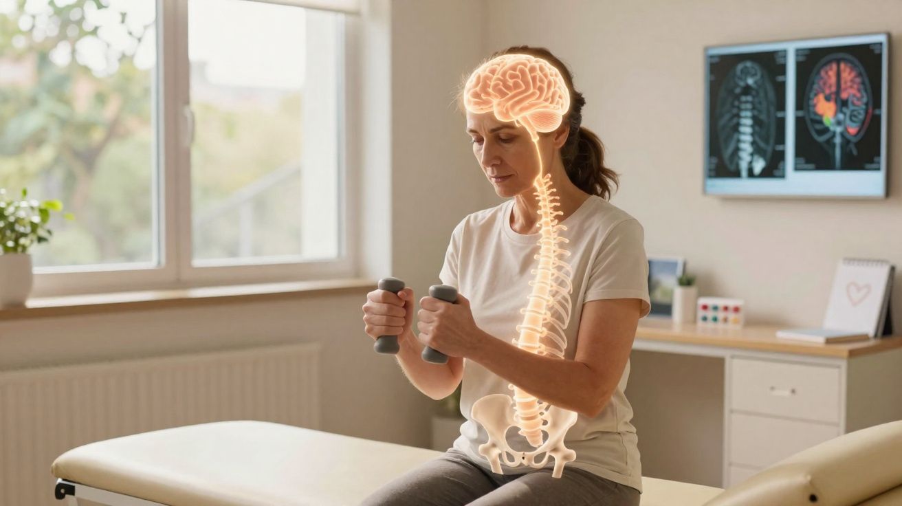 Mulher sentada fazendo exercícios com halteres, com ilustração de cérebro e coluna vertebral sobreposta.