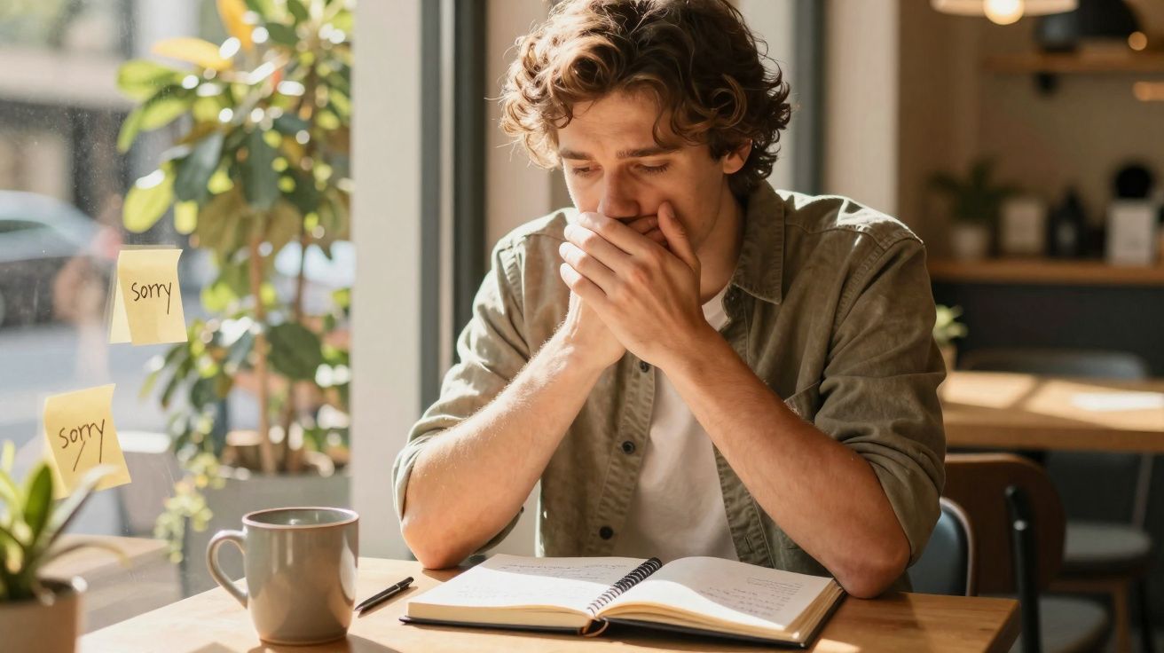 Jovem preocupado lendo livro em mesa com post-its escritos "sorry" presos na janela ao lado.