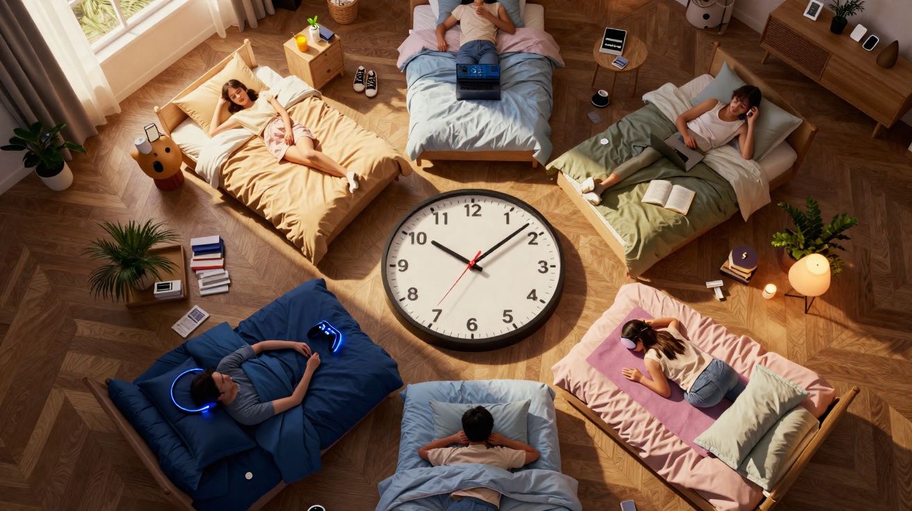 Seis pessoas relaxando em camas ao redor de um grande relógio sobre piso de madeira.