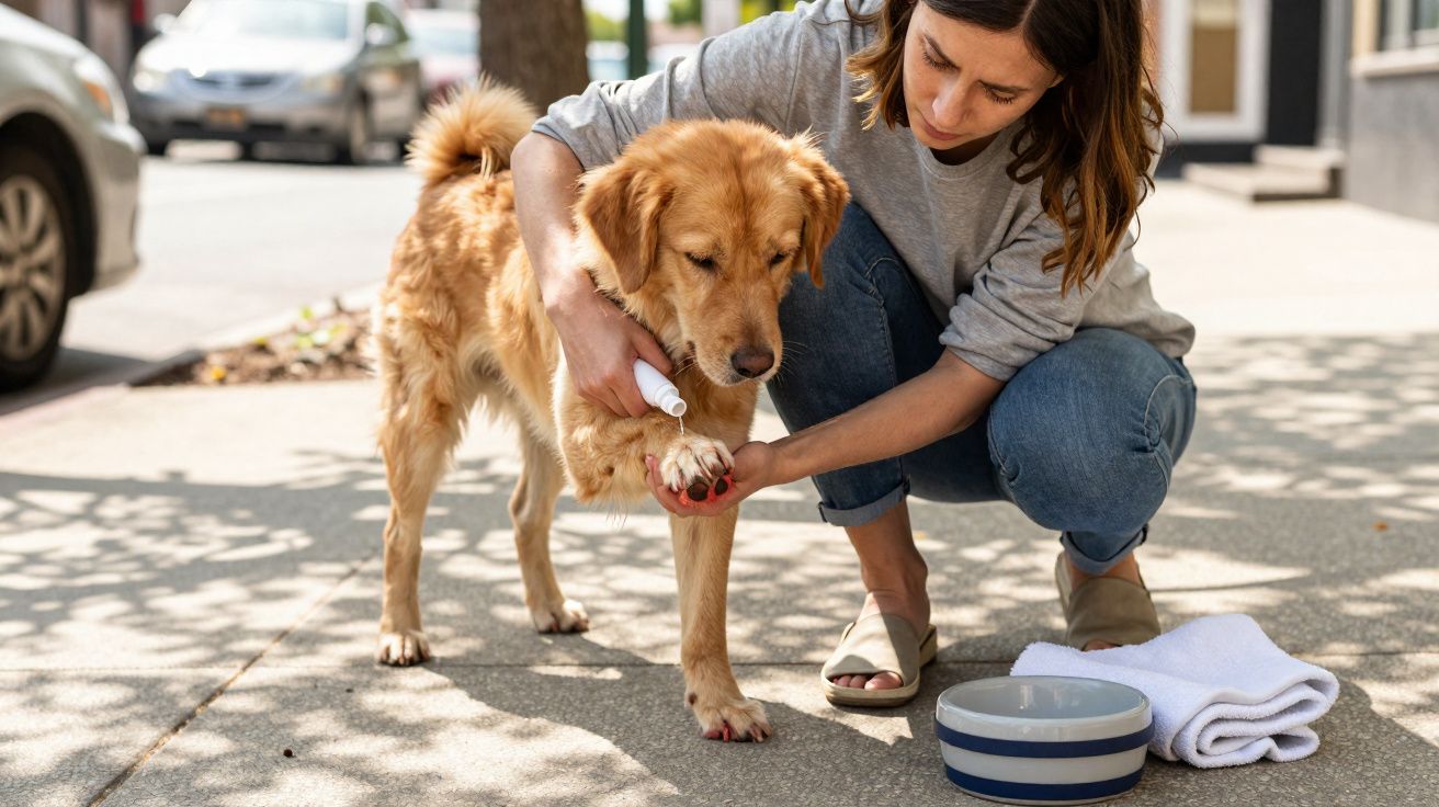 Mulher aplica medicamento na pata de cachorro dourado na calçada, com tigela e toalha ao lado.