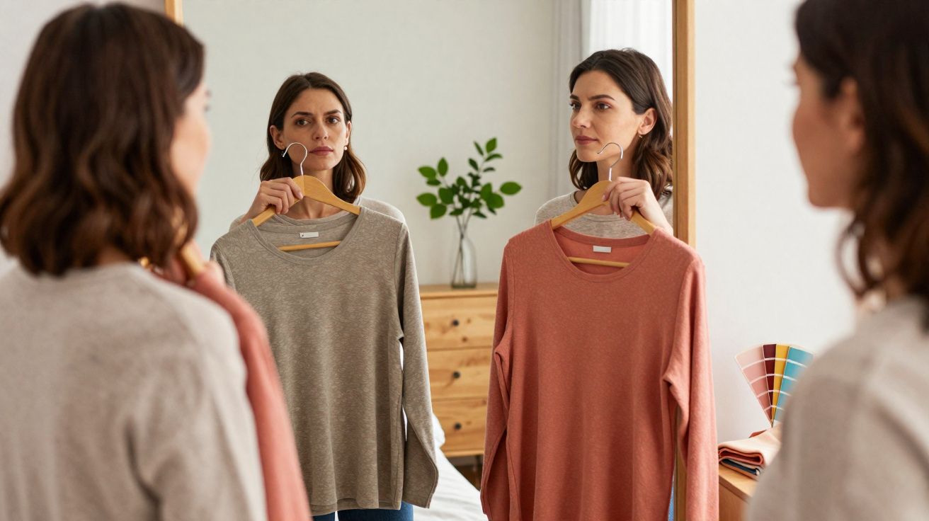 Mulher olhando no espelho segura duas blusas em cabides, escolhendo entre bege e rosa claro.