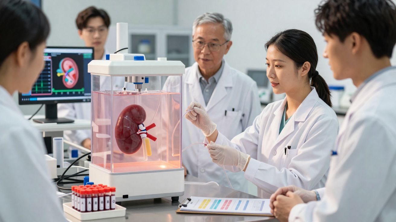 Equipe de cientistas em laboratório estudando um rim artificial em biorreator translúcido.