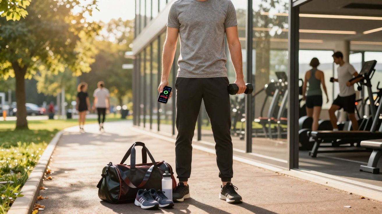 Homem em roupa esportiva segura halter e celular próximo a bolsa, tênis e garrafa fora de academia moderna.