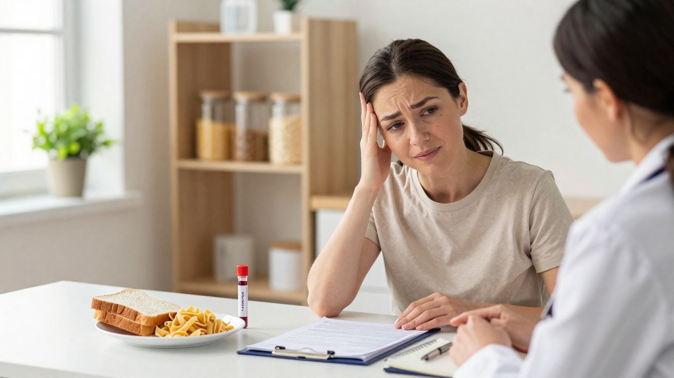 Paciente preocupada consultando médico sobre alergia alimentar com alimentos e tubo de exame na mesa.