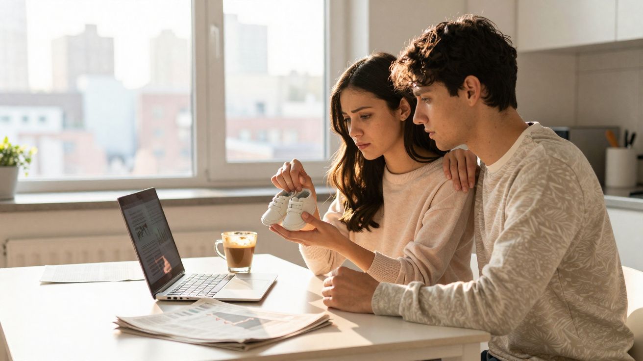 Casal jovem sentado à mesa verificando sapatinhos de bebê enquanto usam um laptop em casa.