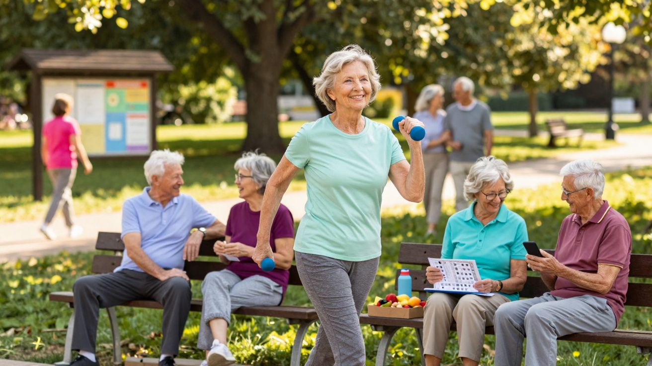 Idosa sorridente faz exercícios com halteres em parque, enquanto grupo de idosos conversa e joga bingo.
