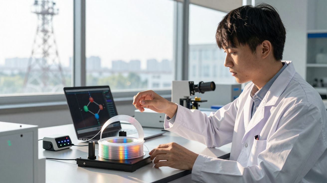 Homem com jaleco branco manipulando instrumento com fios coloridos em laboratório moderno.