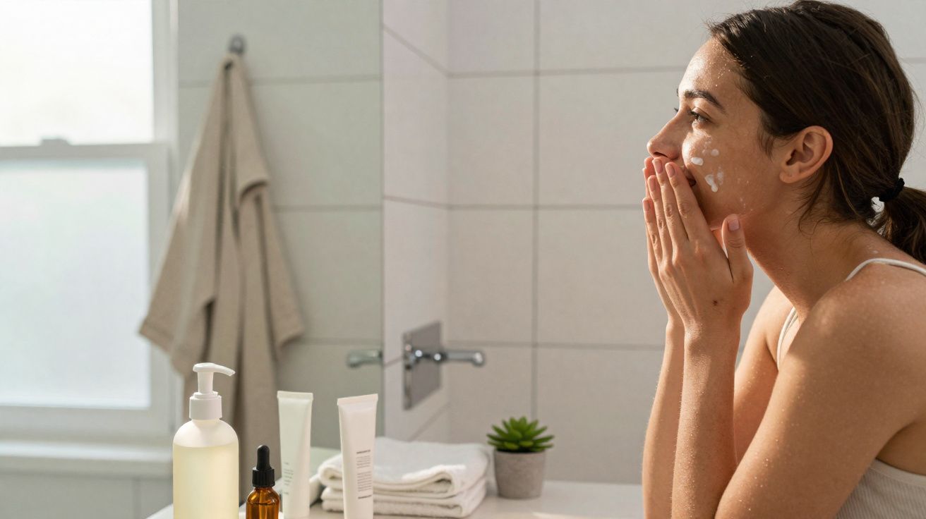 Mulher aplicando creme facial no rosto em banheiro iluminado com produtos sobre a pia.