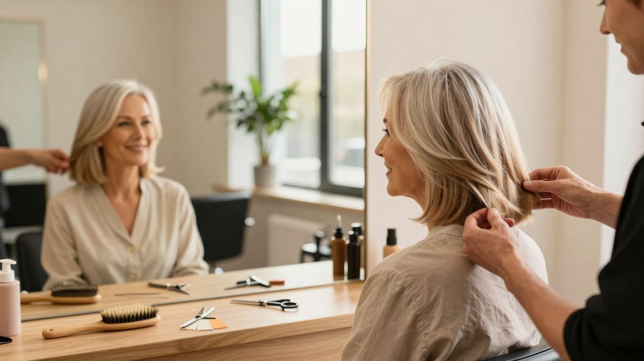 Mulher sorrindo em salão enquanto cabeleireiro ajeita seu cabelo loiro médio frente ao espelho.
