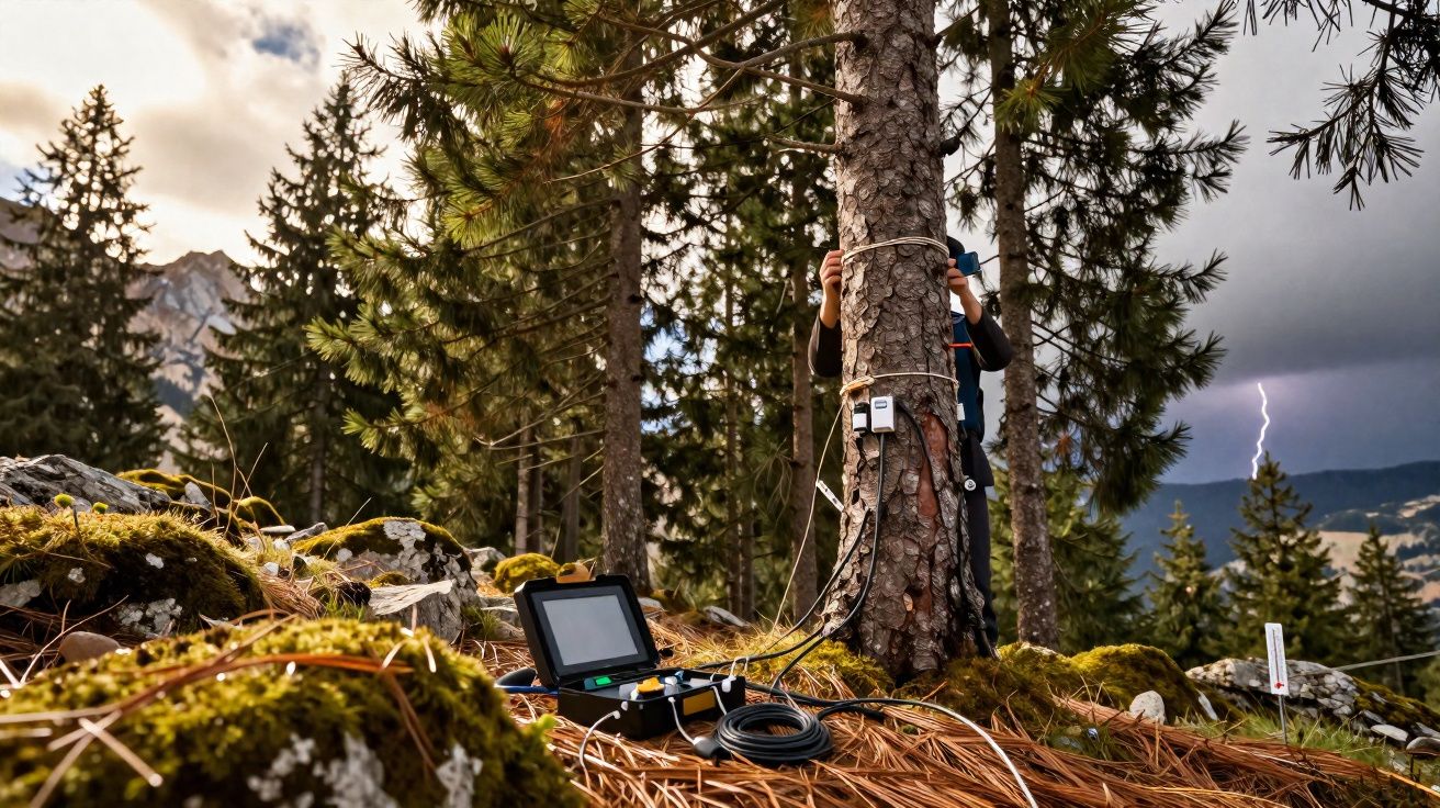 Pesquisador instala equipamentos de monitoramento em árvore de floresta com relâmpago ao fundo.