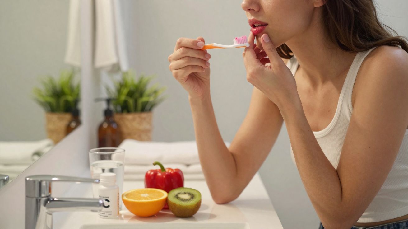 Mulher aplicando creme nos lábios em banheiro com frutas e planta ao fundo.