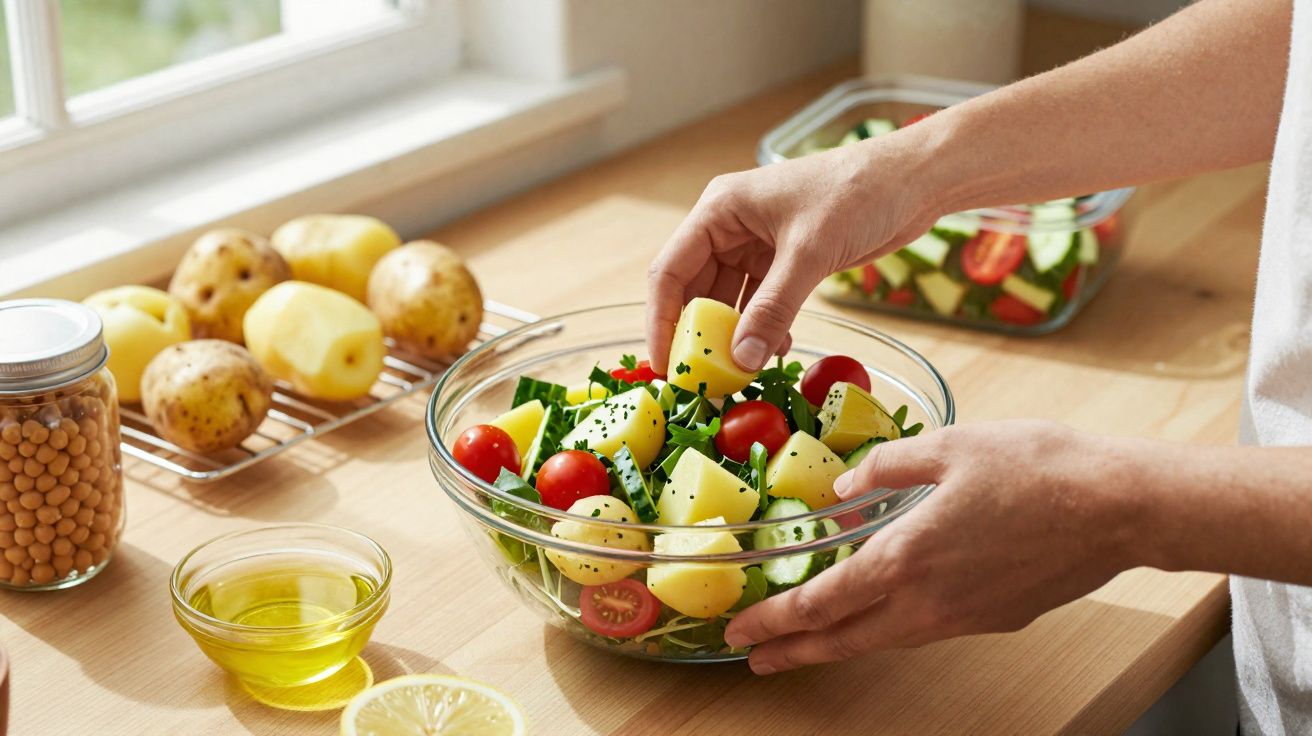 Mãos preparando salada com batatas, tomate-cereja, pepino e temperos em uma tigela de vidro.