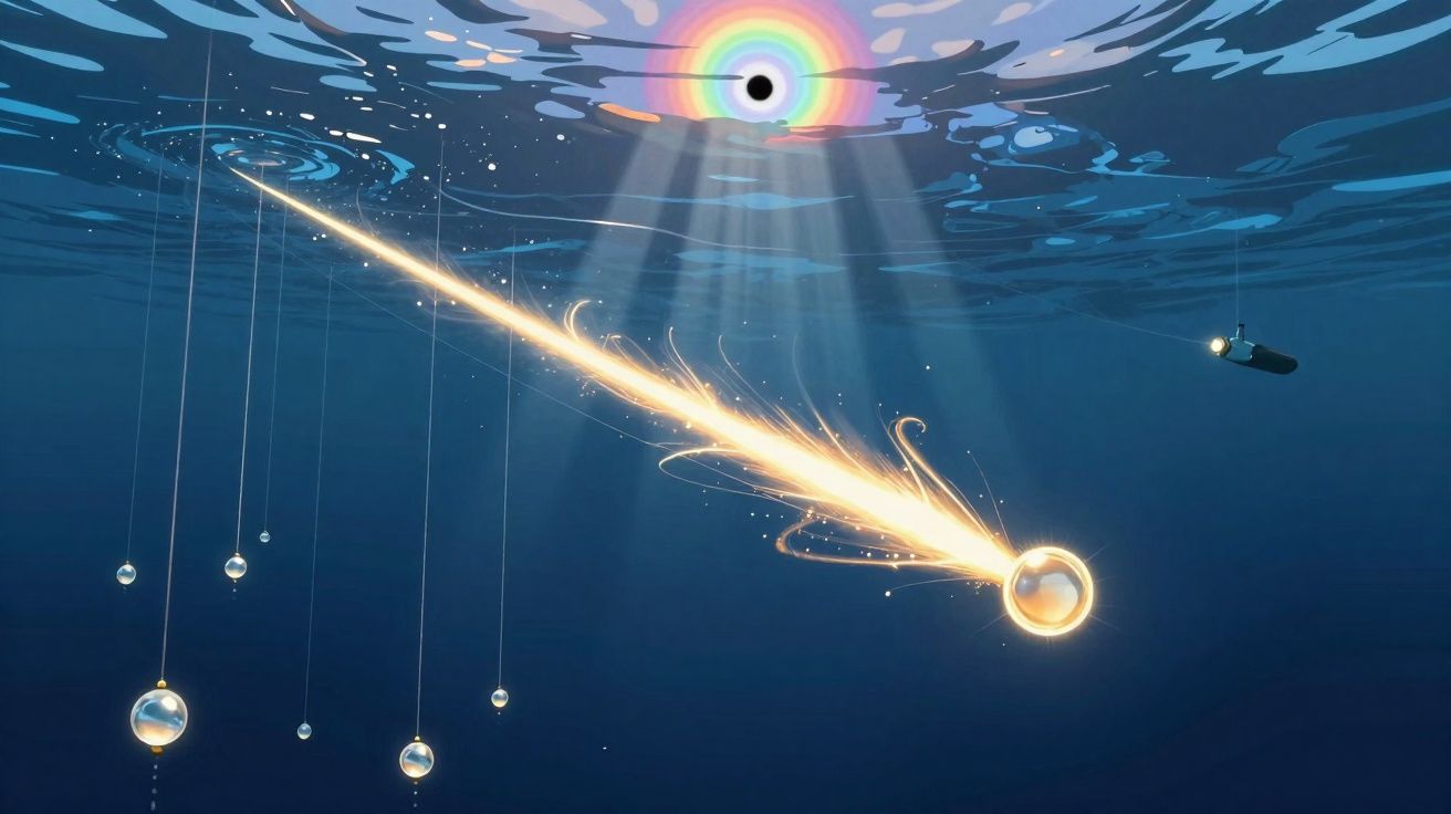 Esfera luminosa submersa em água azul, com brilho intenso e buraco negro colorido na superfície.