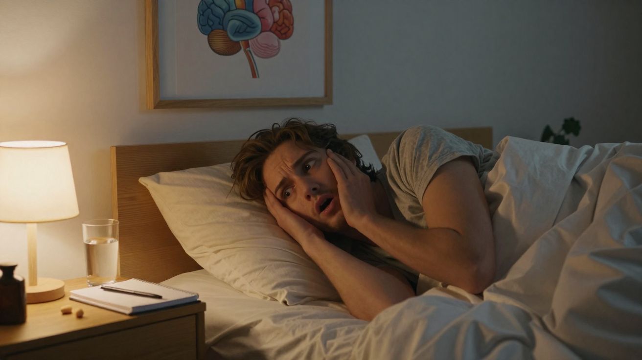 Homem deitado na cama com expressão ansiosa, segurando o rosto, ao lado de mesa de cabeceira com abajur e remédios.