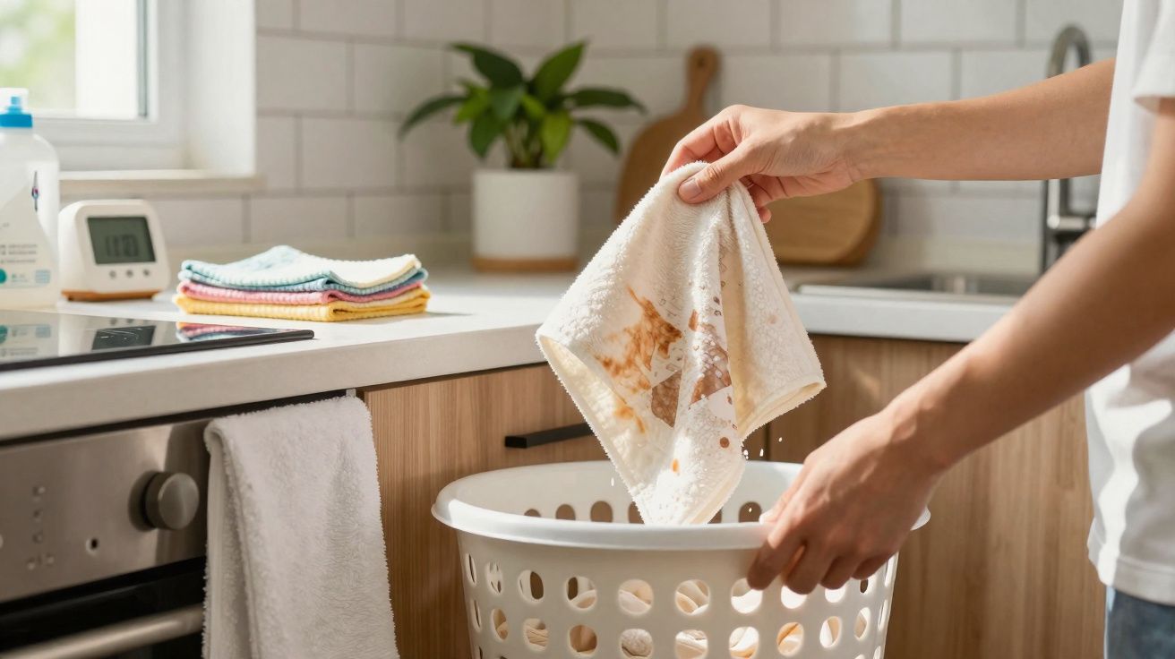 Pessoa colocando pano de prato sujo com manchas em cesto branco na cozinha moderna.