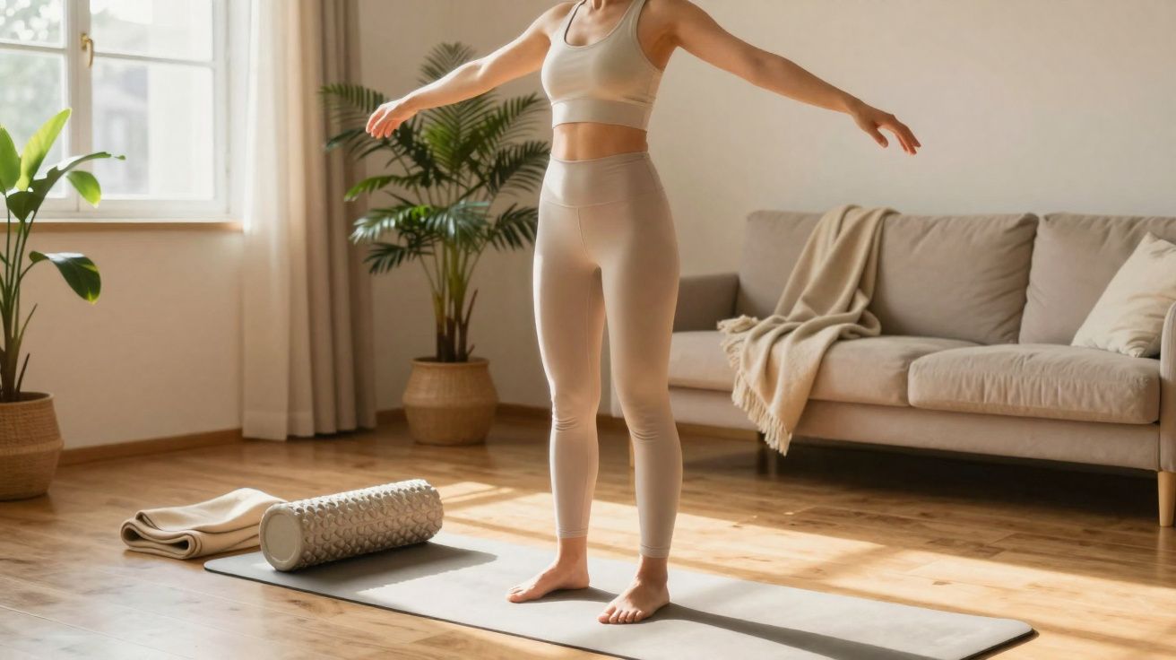 Pessoa em roupa fitness bege estica os braços em tapete de yoga em sala iluminada e aconchegante.