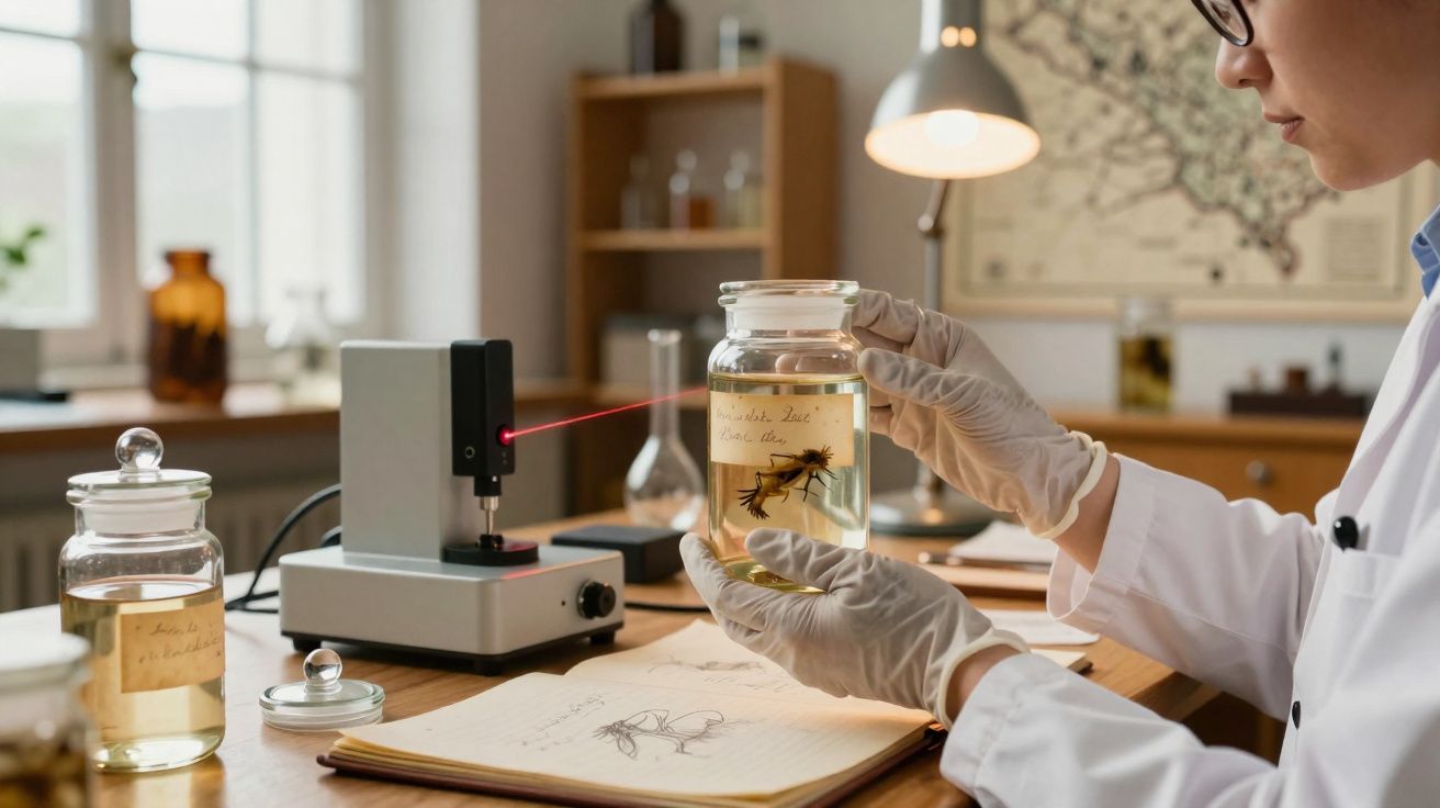 Pesquisadora em laboratório analisa amostra preservada em líquido dentro de frasco de vidro.