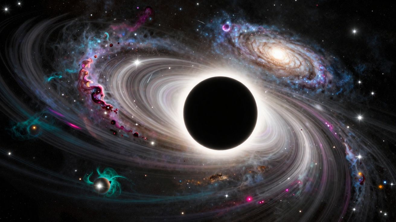 Buraco negro no centro de uma galáxia com discos de acreção brilhantes e estrelas ao redor no espaço sideral.