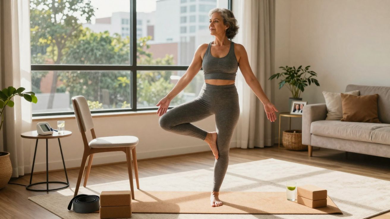 Mulher fazendo yoga em pose de equilíbrio em sala iluminada com tapete, cadeira e plantas.