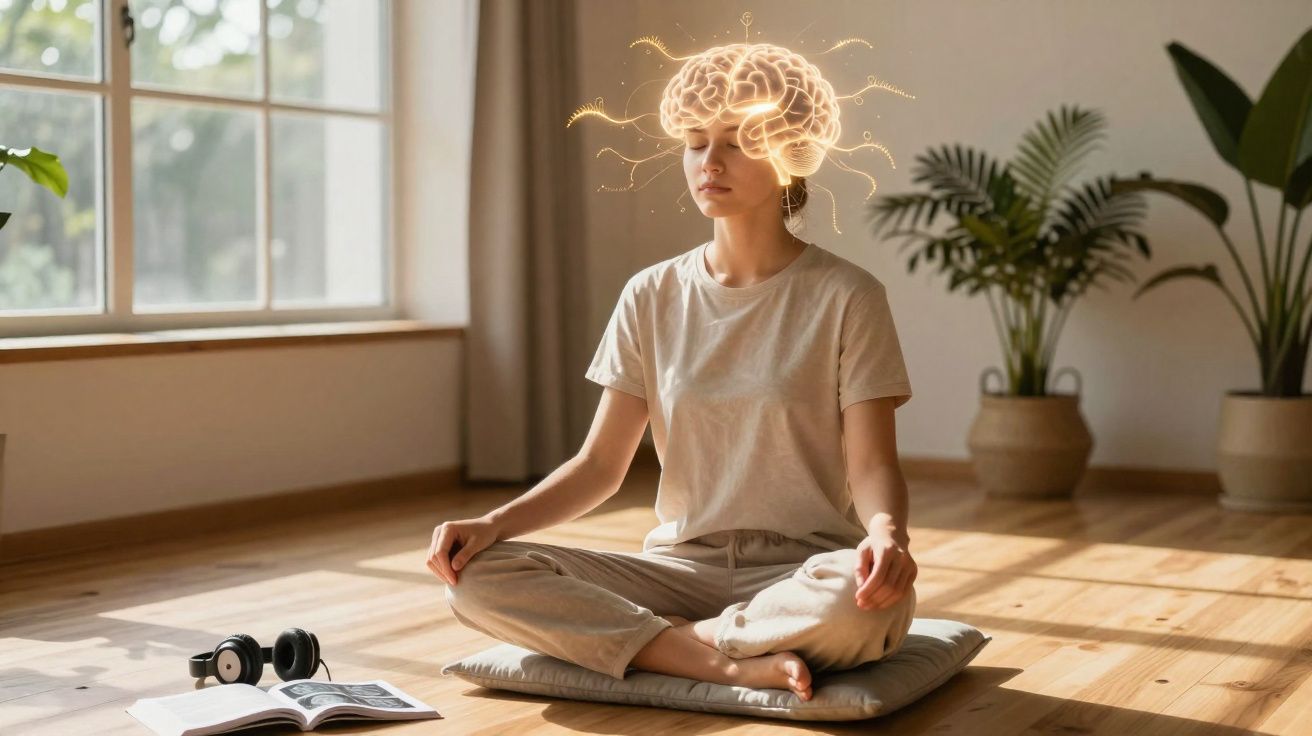 Mulher meditando em posição de lótus com ilustração digital de cérebro iluminado acima da cabeça.