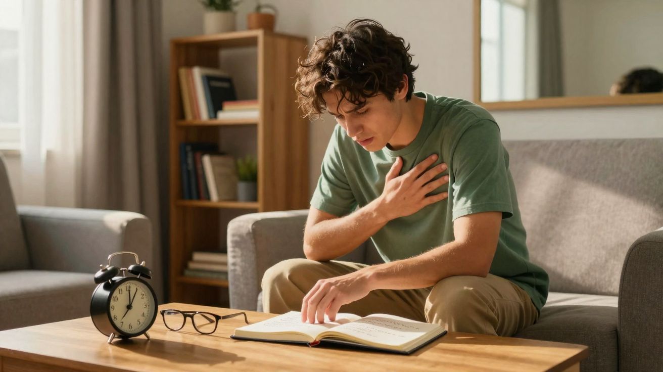 Jovem sentado no sofá lendo livro e com a mão no peito em ambiente de sala de estar.