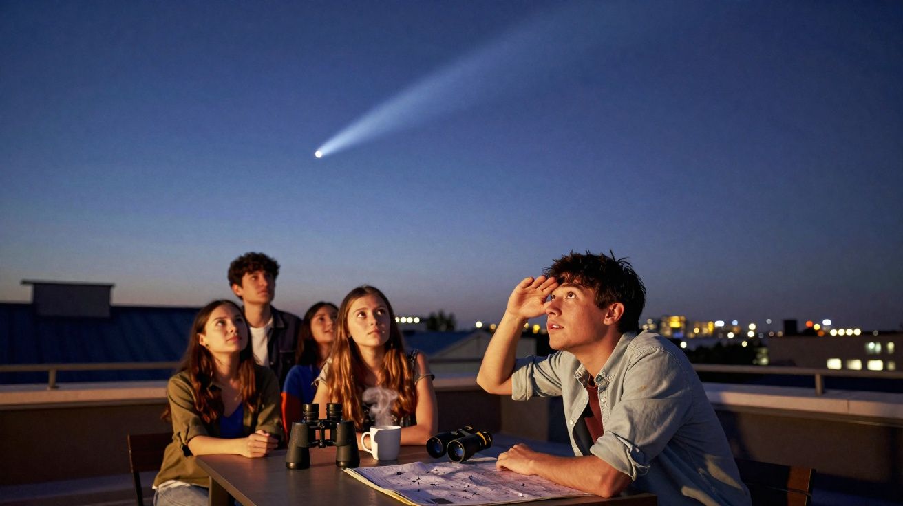 Grupo de jovens observando cometas no céu noturno em um terraço com equipamentos de observação.