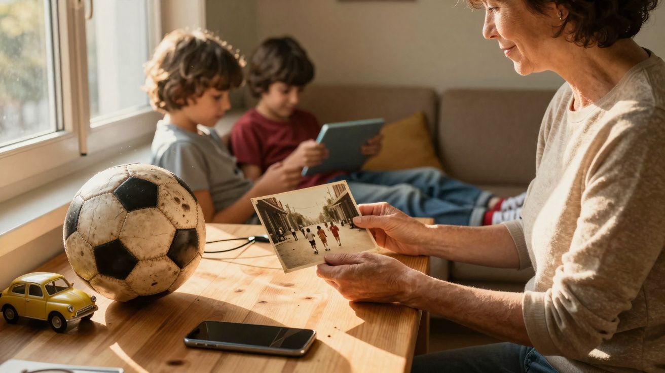 Mulher olha foto antiga enquanto crianças ao fundo brincam com tablet em sala iluminada.