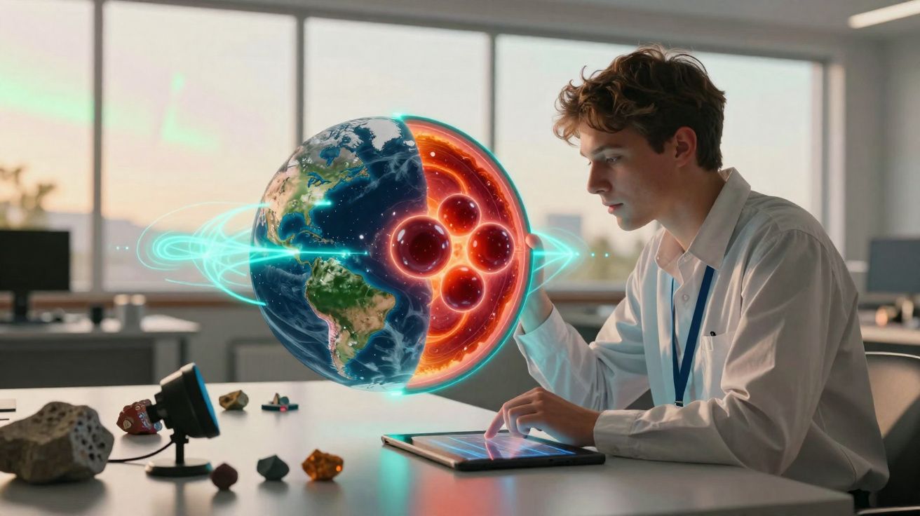 Jovem estudando modelo virtual da Terra com corte mostrando o núcleo em ambiente de sala de aula.