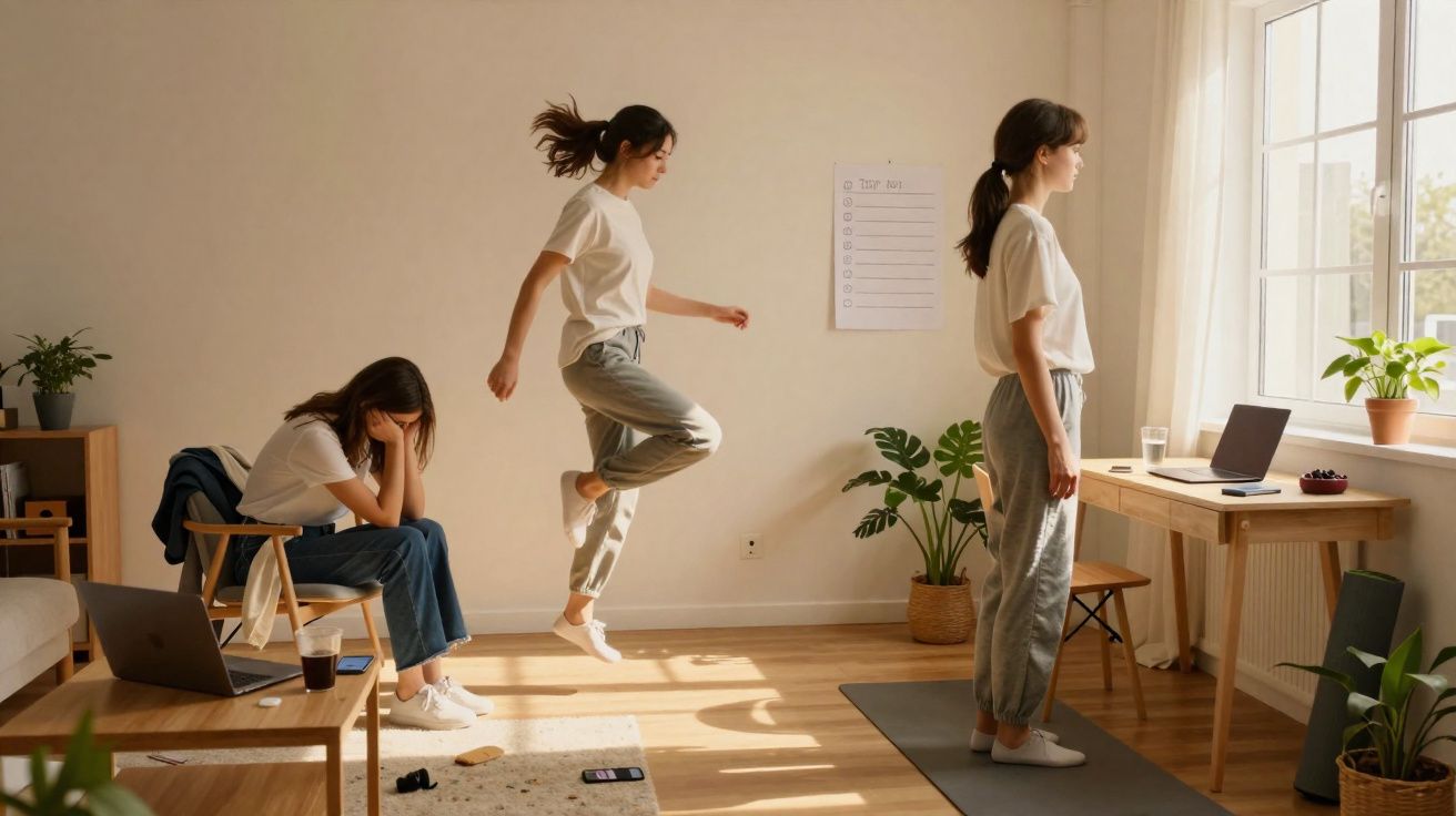 Mulher em diferentes momentos: sentada triste, pulando animada e olhando pela janela em ambiente iluminado.