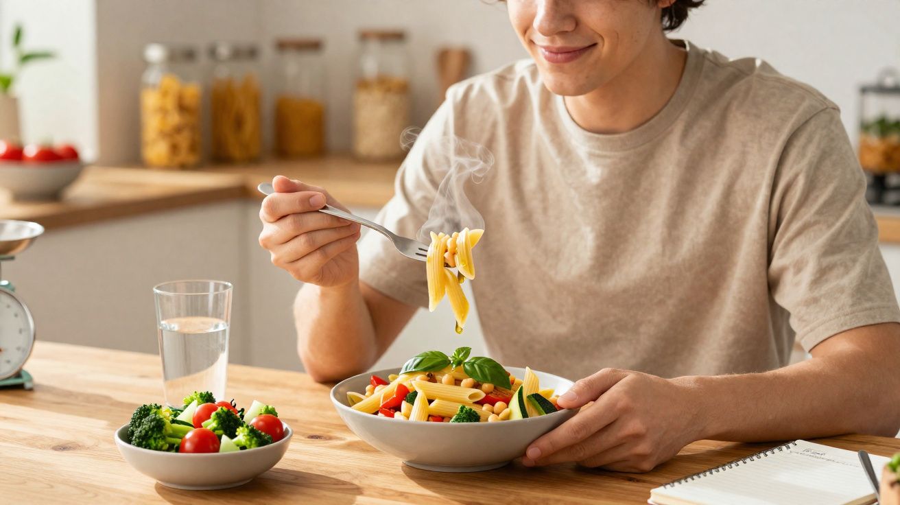 Pessoa sorrindo comendo macarrão penne com legumes e salada em cozinha iluminada.