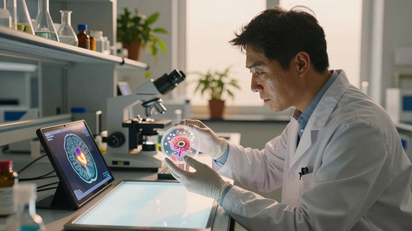 Cientista em laboratório analisando holograma colorido de cérebro em ambiente tecnológico moderno.