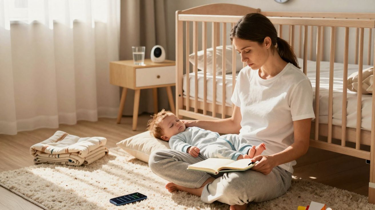 Mulher sentada no chão lendo livro para bebê deitado em seu colo em quarto iluminado.