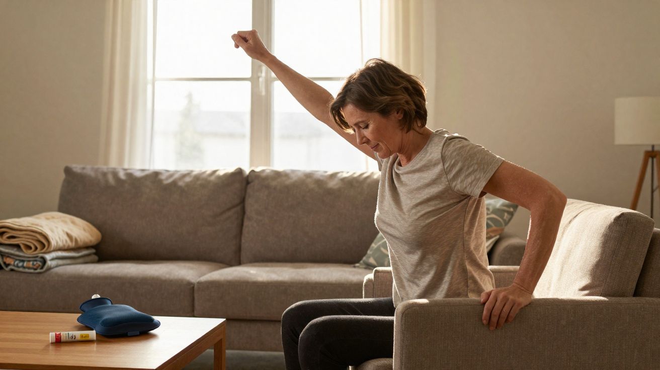 Mulher sentada em poltrona fazendo alongamento no braço, em sala de estar iluminada pela janela.