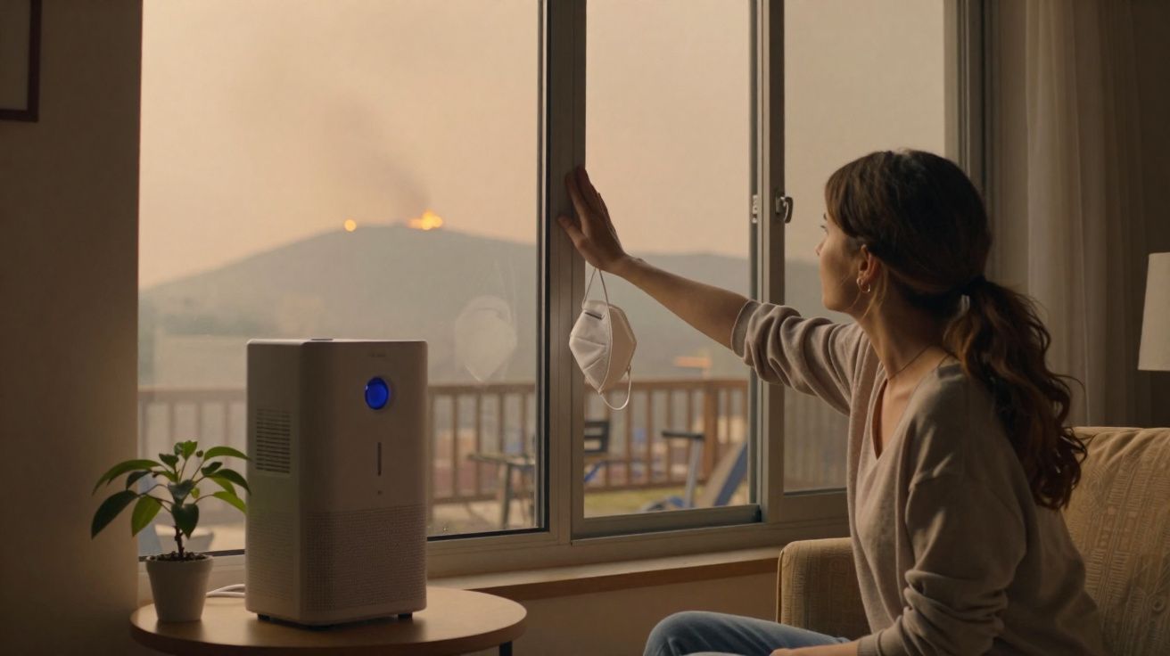 Mulher sentada olhando a fumaça e fogo em montanha pela janela de casa, com purificador de ar e máscara.