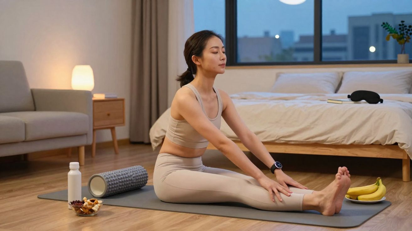 Mulher praticando alongamento sentada em tapete de yoga na sala à noite.