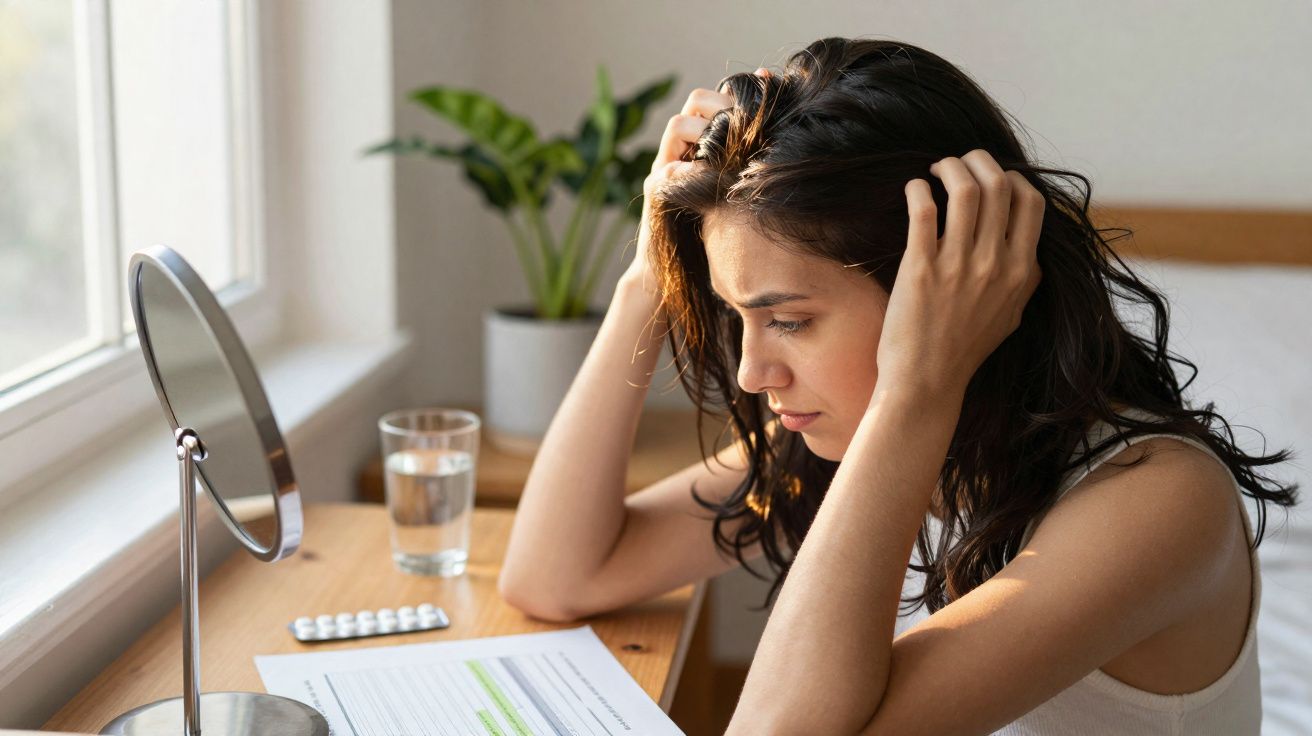 Mulher preocupada olhando documentos com remédios e copo de água ao lado em mesa próxima à janela.