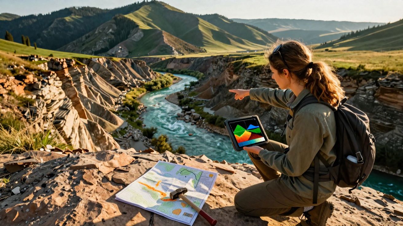 Pesquisadora analisando relevo com tablet e mapas em penhasco à beira de rio em área montanhosa.