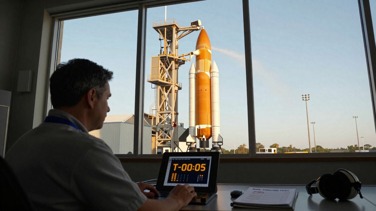 Homem em sala de controle observa tela com contagem regressiva para lançamento de foguete visível pela janela.