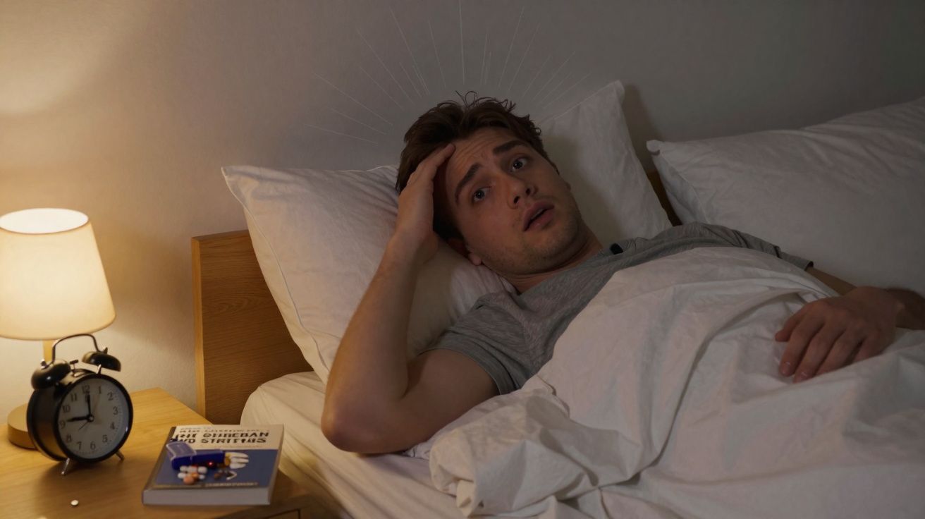 Homem deitado na cama com expressão preocupada, ao lado mesa com livro, remédios e despertador.