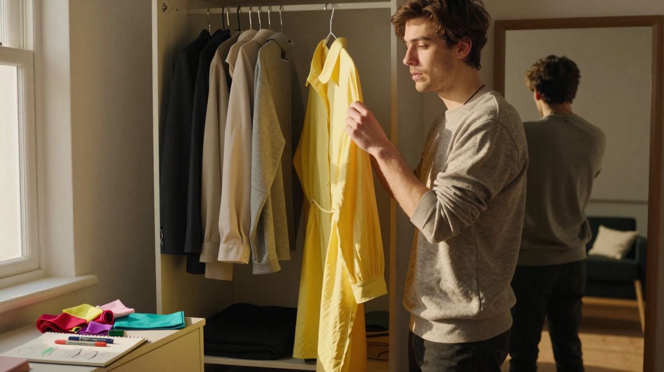 Homem segurando vestido amarelo em armário aberto, avaliando roupa em quarto iluminado por janela.