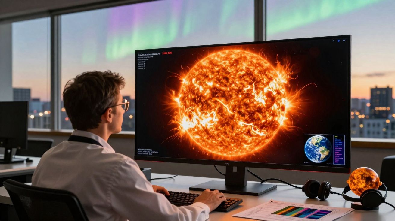 Homem analisando imagens do sol em tela de computador em escritório com vista para aurora boreal.