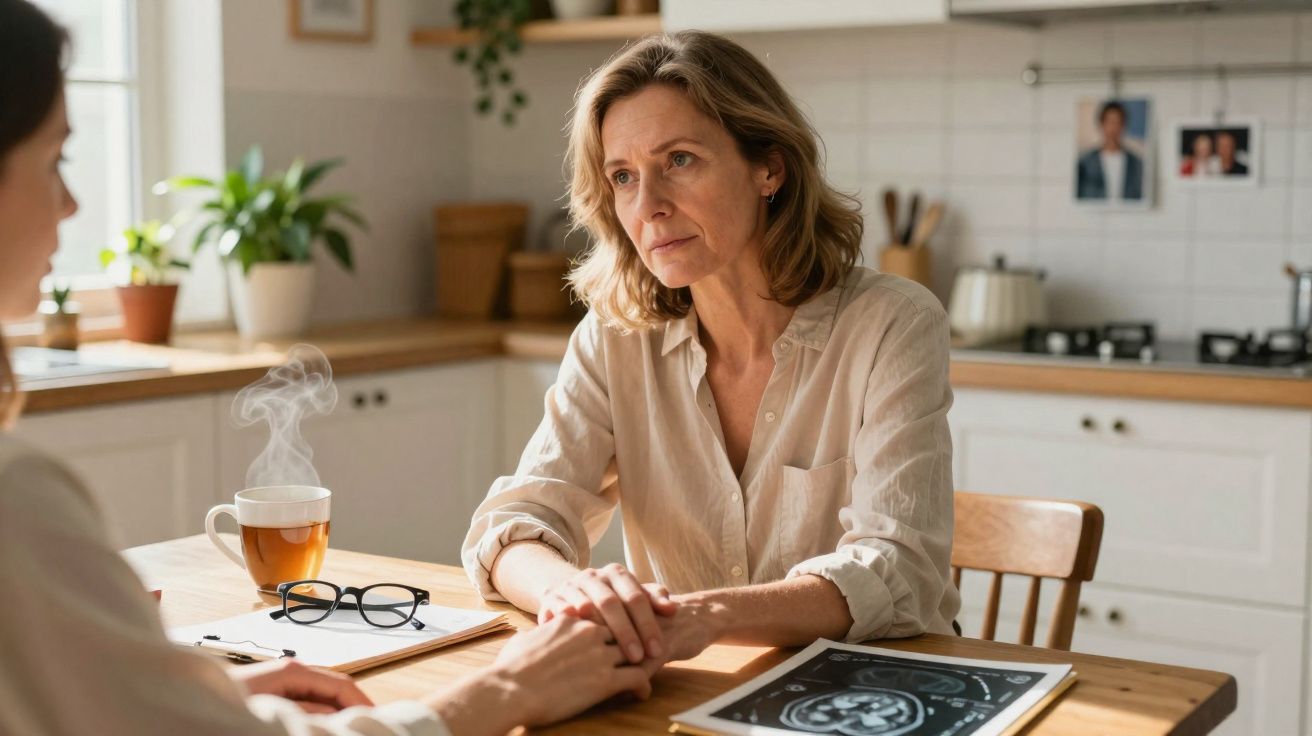 Mulher sentada à mesa, segurando a mão de outra pessoa, com exame cerebral sobre a mesa na cozinha.