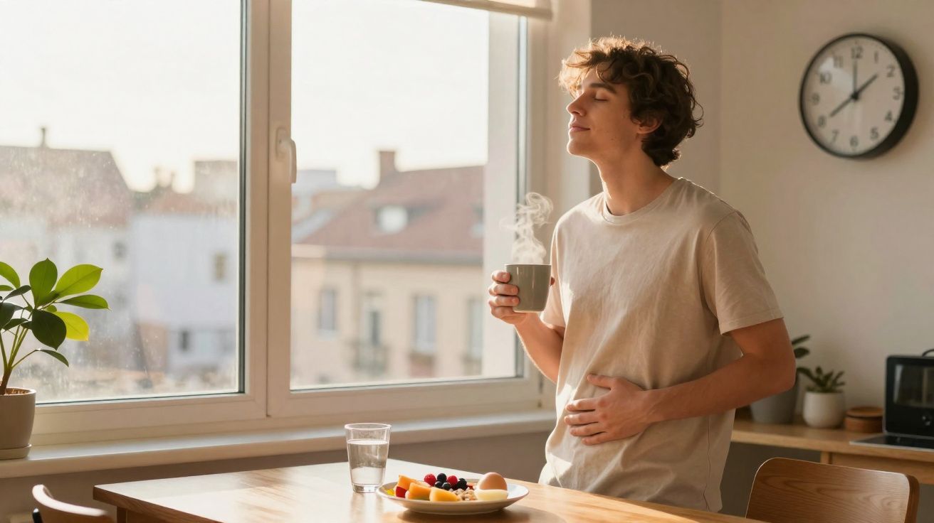 Jovem sentindo o aroma de bebida quente na cozinha durante o café da manhã ensolarado.