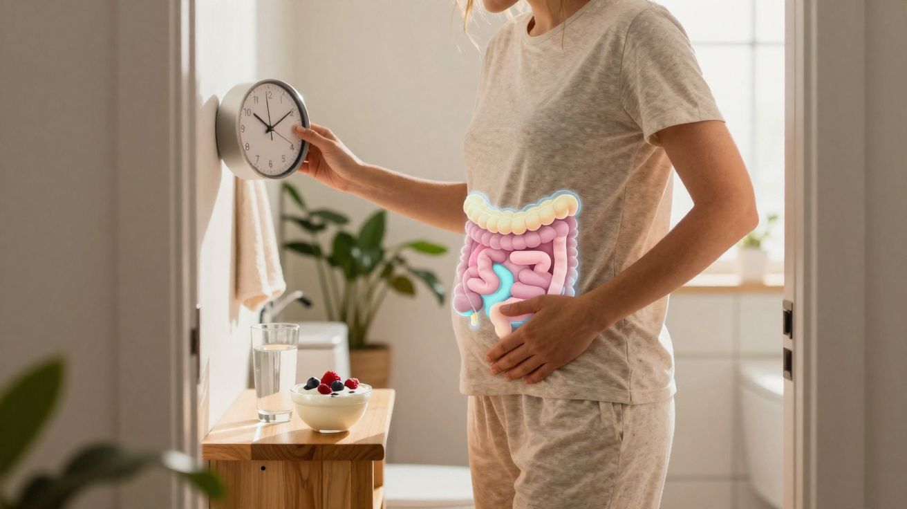 Pessoa segurando relógio na parede com ilustração do intestino sobre a barriga, em banheiro iluminado.