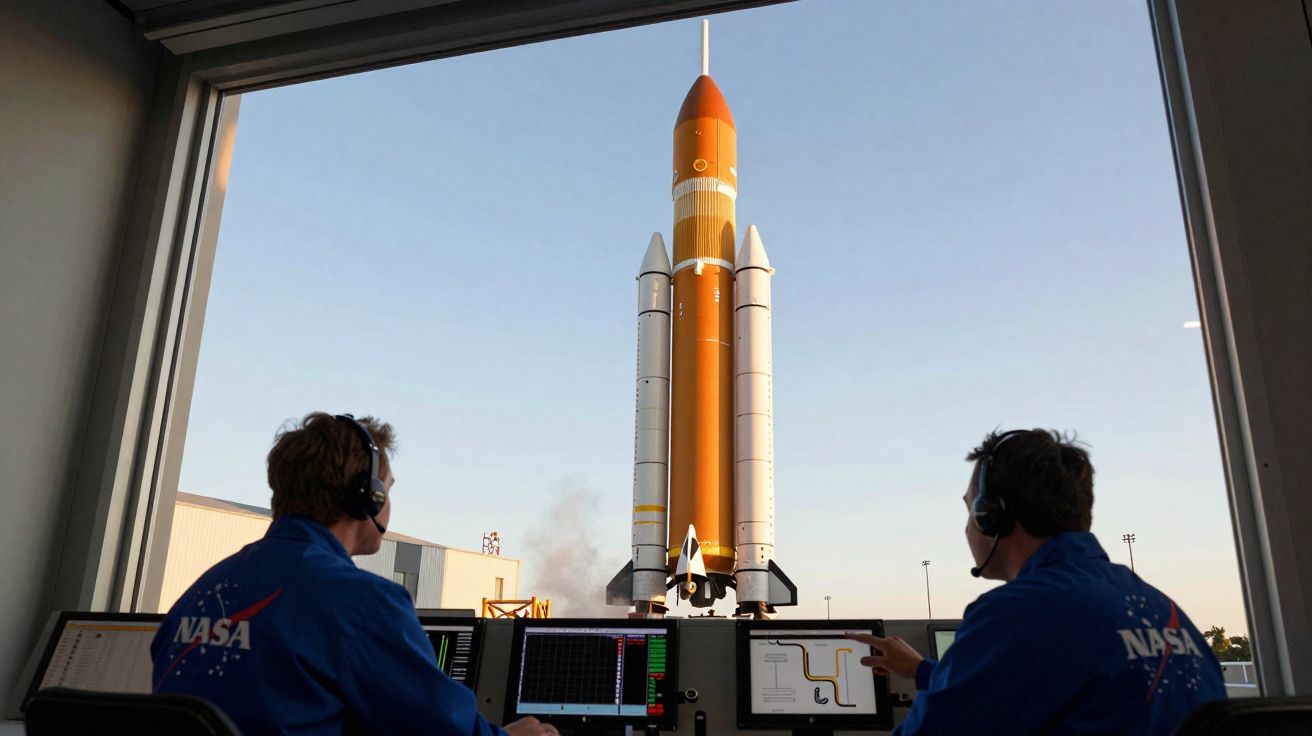 Dois técnicos da NASA observam foguete em plataforma de lançamento através de janela ampla.