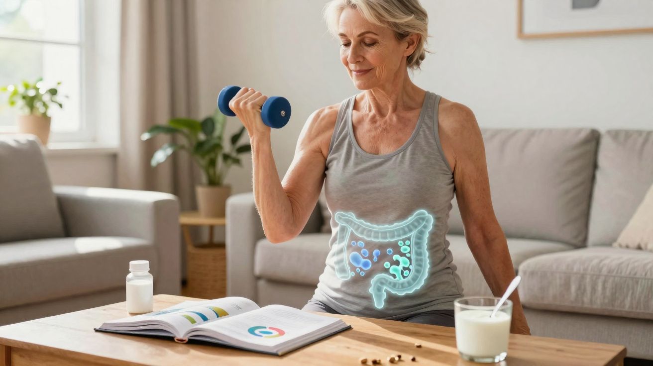 Mulher sênior exercitando braço com haltere e imagem digital do intestino iluminado no corpo dela.