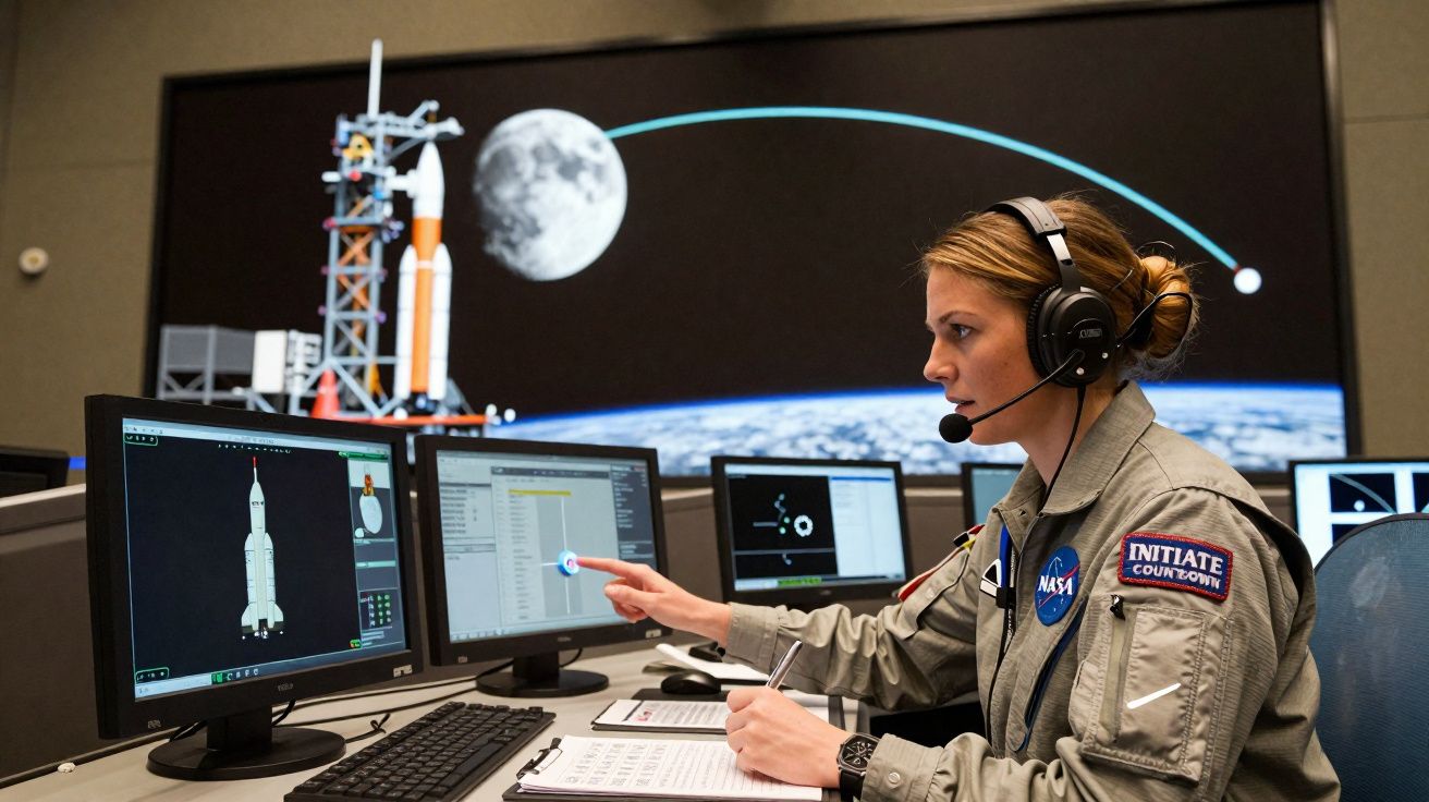 Técnica da NASA monitora lançamento de foguete em centro de controle com vários monitores e fundo da Lua.