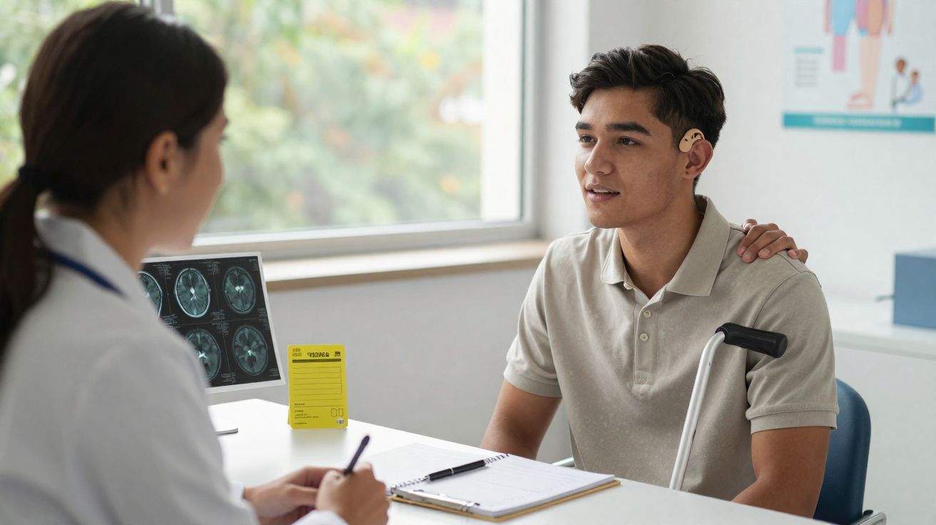 Homem jovem com aparelho auditivo e muleta conversa com médica em consultório iluminado.