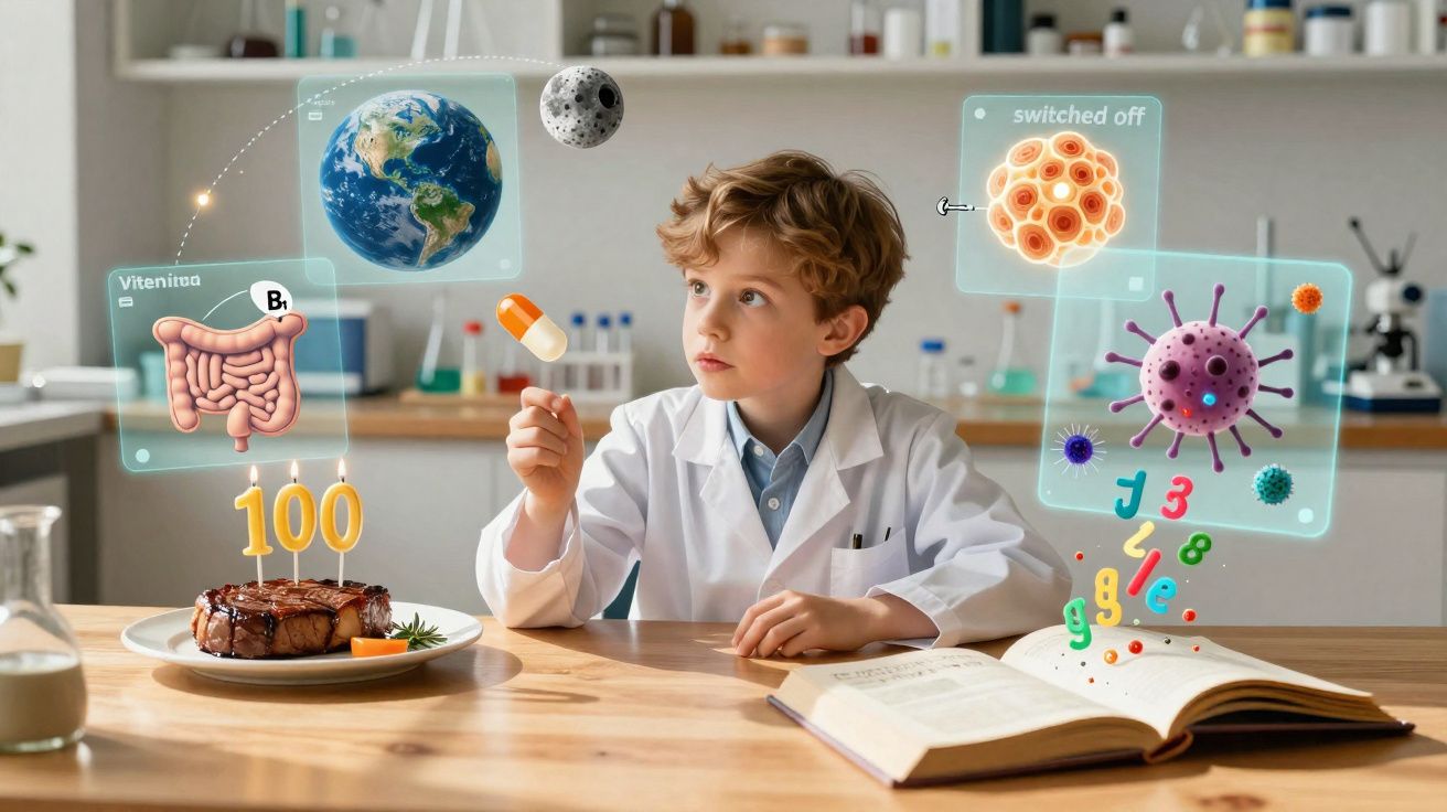 Menino cientista sentado à mesa com hologramas de planeta, vírus e intestino, segurando cápsula colorida.